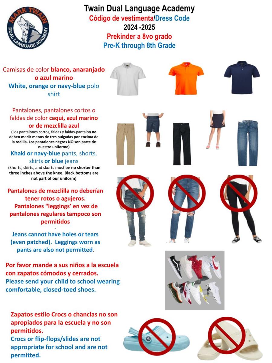 describing school uniforms with orange, blue and white shirts and blue and khaki pants with blue jeans.